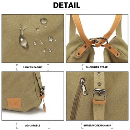 Kono Canvas Hobo Slouch Shoulder Bag and Backpack - Khaki