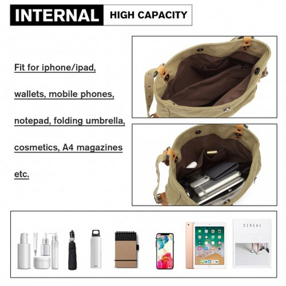 Kono Canvas Hobo Slouch Shoulder Bag and Backpack - Khaki