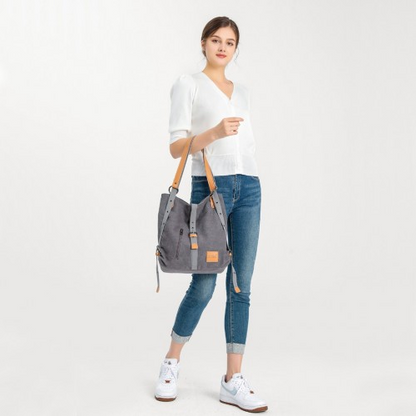 Kono Canvas Hobo Slouch Shoulder Bag and Backpack - Khaki