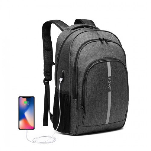 Kono Large Grey Backpack with Reflective Stripe & USB Charging Interface - E1972