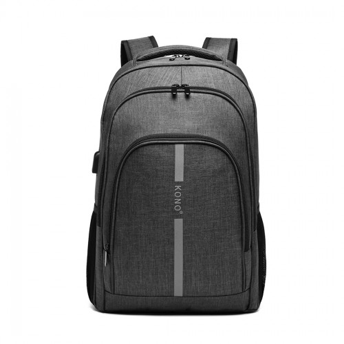 Kono Large Grey Backpack with Reflective Stripe & USB Charging Interface - E1972