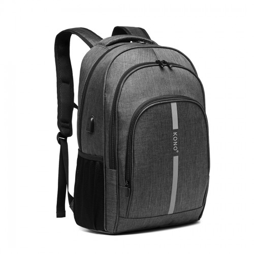 Kono Large Grey Backpack with Reflective Stripe & USB Charging Interface - E1972