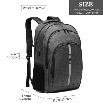 Kono Large Grey Backpack with Reflective Stripe & USB Charging Interface - E1972