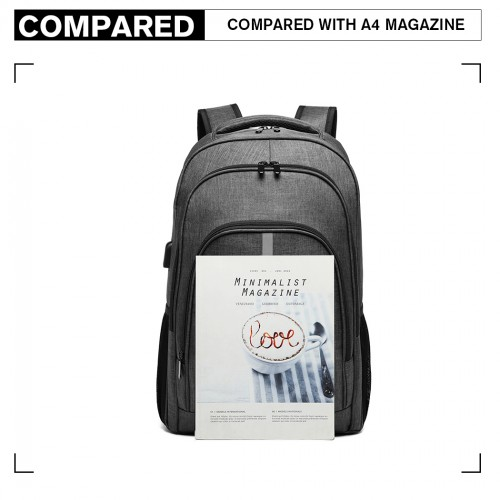 Kono Large Grey Backpack with Reflective Stripe & USB Charging Interface - E1972
