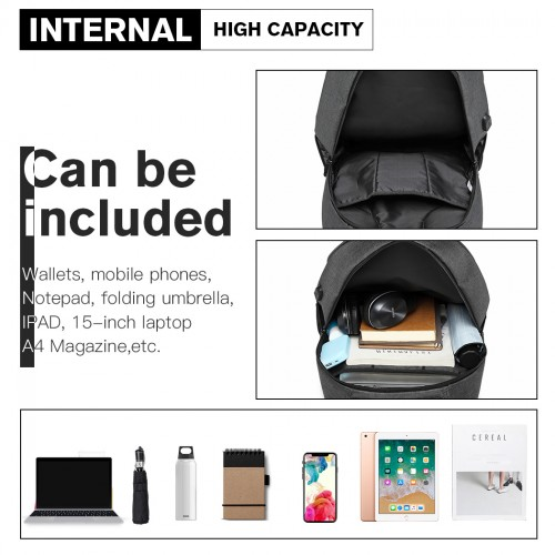 Kono Large Grey Backpack with Reflective Stripe & USB Charging Interface - E1972