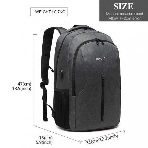 Kono Large Backpack with USB Charging Interface - Grey | E6904