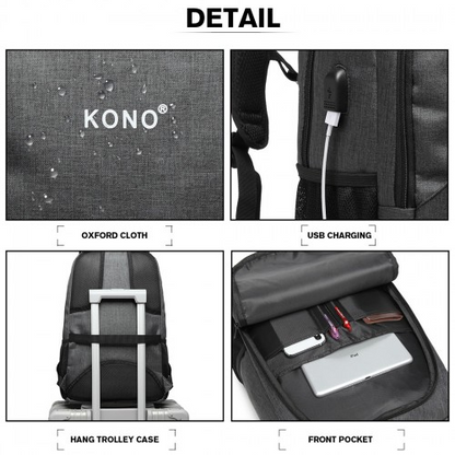 Kono Large Backpack with USB Charging Interface - Grey | E6904
