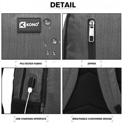 Kono Multi Compartment Backpack with USB Connectivity - Grey | Stylish & Functional, Ideal for Everyday Use
