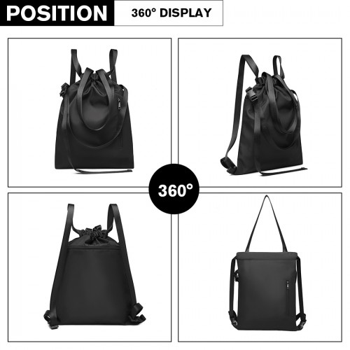 Kono Nylon Multi Way Drawstring Backpack Shoulder Bag - Black | Versatile and Stylish