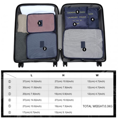 Kono 6 Piece Polyester Travel Luggage Organizer Bag Set - Navy Blue | E2015