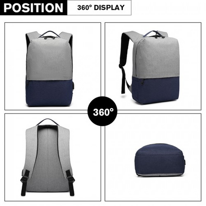Kono Waterproof Basic Backpack with USB Charging Port - Grey/Blue