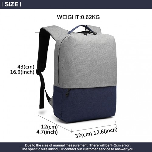Kono Waterproof Basic Backpack with USB Charging Port - Grey/Blue