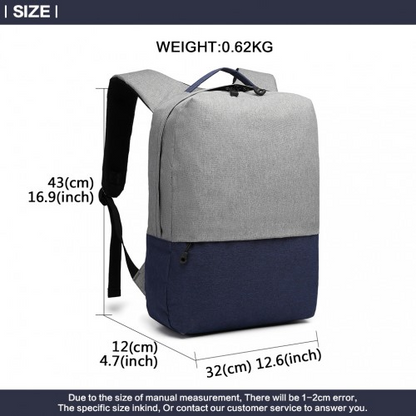 Kono Waterproof Basic Backpack with USB Charging Port - Grey/Blue