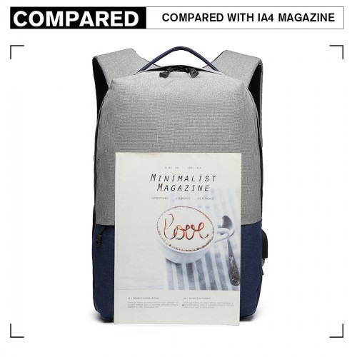 Kono Waterproof Basic Backpack with USB Charging Port - Grey/Blue