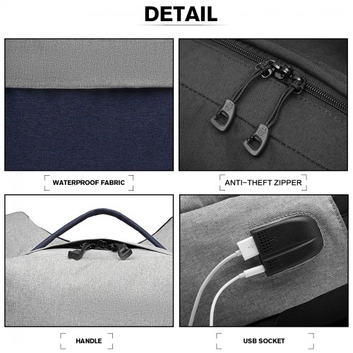 Kono Waterproof Basic Backpack with USB Charging Port - Grey/Blue