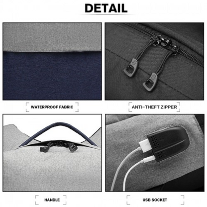 Kono Waterproof Basic Backpack with USB Charging Port - Grey/Blue