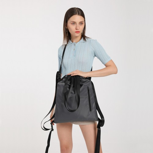 Kono Nylon Multi Way Drawstring Backpack Shoulder Bag - Grey