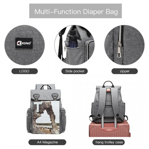 Kono Travel Baby Changing Backpack with USB Charging Interface - Grey