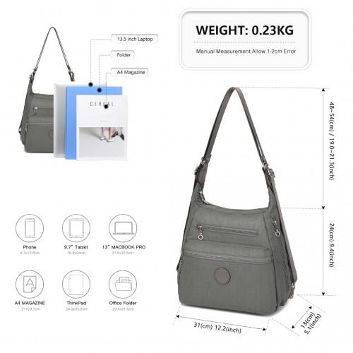 Kono Three Way Multipurpose Casual Shoulder Bag With Double Zippers - Grey | EH2063
