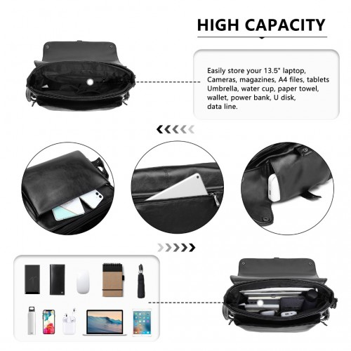 Kono Casual Leather Men's Large Capacity Shoulder Bag - Black | EB2127