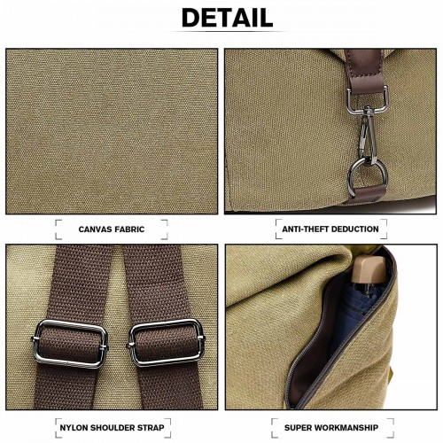 Kono Fashion Anti-Theft Canvas Backpack - Khaki | Stylish and Secure