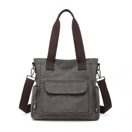 Kono Large Capacity Multi Compartment Canvas Crossbody Tote Bag - Grey