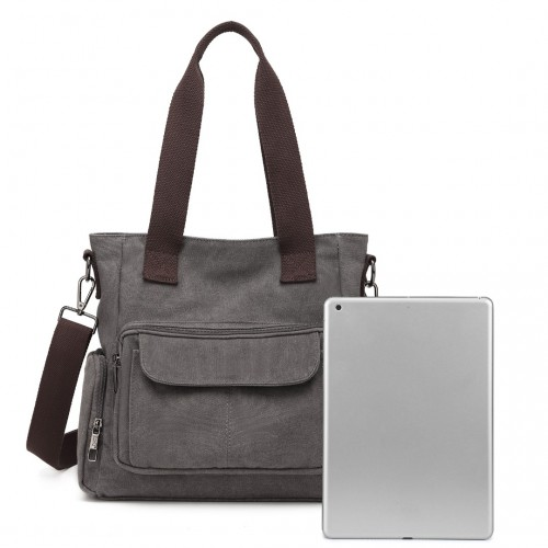 Kono Large Capacity Multi Compartment Canvas Crossbody Tote Bag - Grey