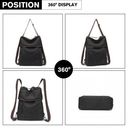 Kono Two Way Canvas Shoulder Bag Backpack - Black | Stylish & Functional