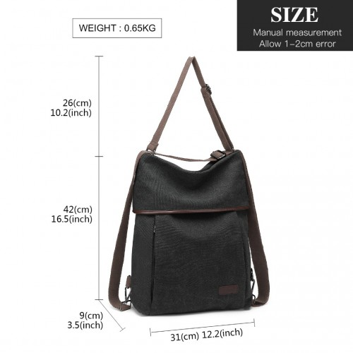 Kono Two Way Canvas Shoulder Bag Backpack - Black | Stylish & Functional