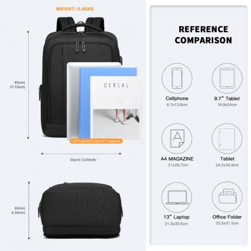 Kono Multi-Compartment Backpack with USB Port - Black