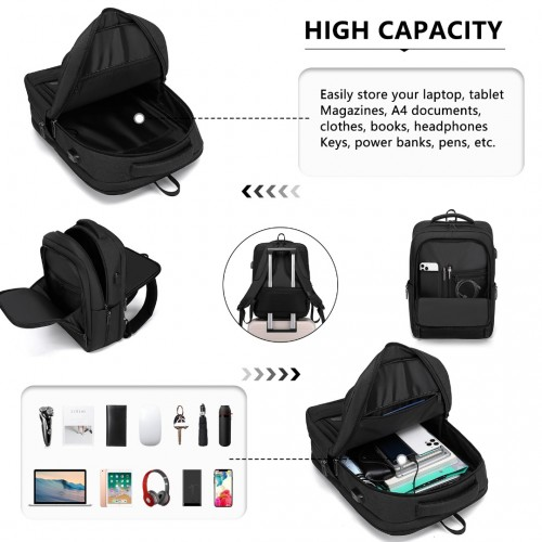 Kono Multi-Compartment Backpack with USB Port - Black