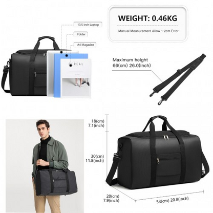 Kono Waterproof Lightweight Travel Duffle Bag Sports Holdall - Black