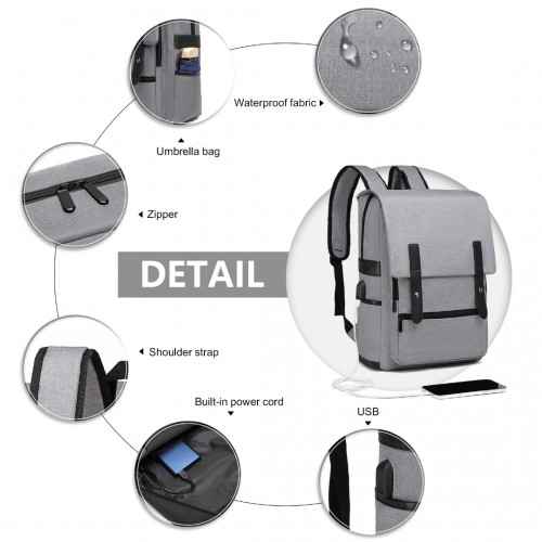 Kono Smart Practical Backpack with USB Charging Interface - Grey