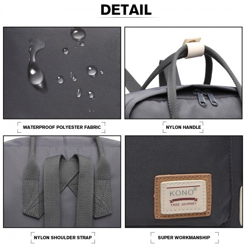 Kono Large Polyester Laptop Backpack - Grey | Waterproof Fabric, Lightweight, Spacious, Padded Compartment