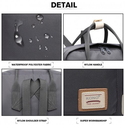 Kono Large Polyester Laptop Backpack - Grey | Waterproof Fabric, Lightweight, Spacious, Padded Compartment