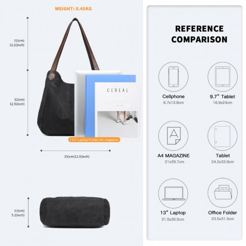 Kono Canvas Shoulder Tote Bag - Black | Stylish & Spacious Everyday Bag