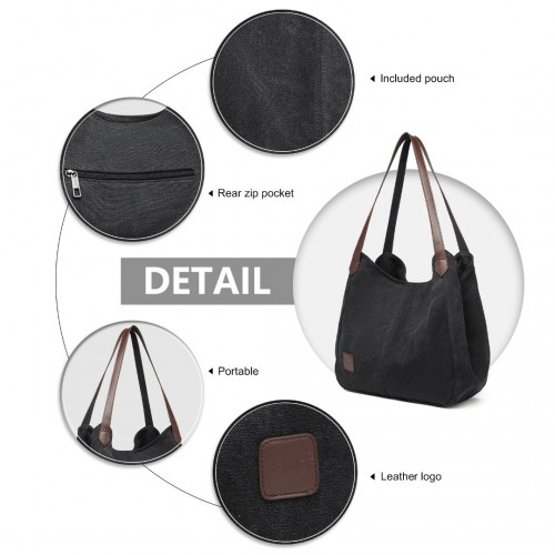 Kono Canvas Shoulder Tote Bag - Black | Stylish & Spacious Everyday Bag