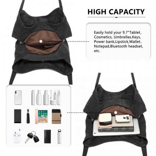 Kono Canvas Shoulder Tote Bag - Black | Stylish & Spacious Everyday Bag