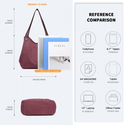 Kono Canvas Shoulder Tote Bag - Claret | Stylish & Spacious Daily Companion