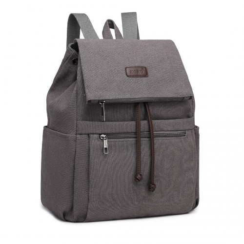 Kono Canvas Clamshell Drawstring School Backpack - Grey
