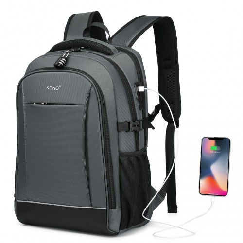 Kono Functional Travel Backpack With USB Charging Port - Grey | EM2130