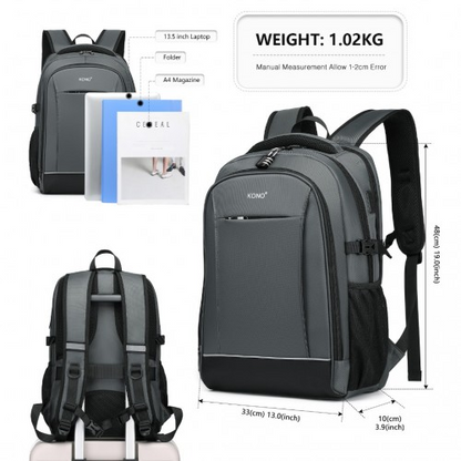 Kono Functional Travel Backpack With USB Charging Port - Grey | EM2130