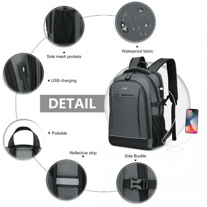 Kono Functional Travel Backpack With USB Charging Port - Grey | EM2130