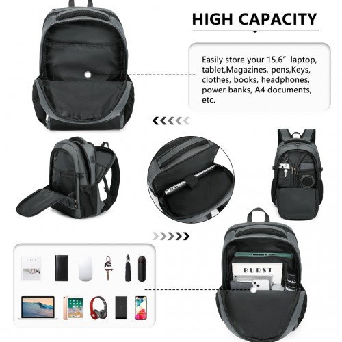 Kono Functional Travel Backpack With USB Charging Port - Grey | EM2130