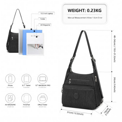 Kono Three Way Multipurpose Casual Shoulder Bag with Double Zippers - Black | EH2063