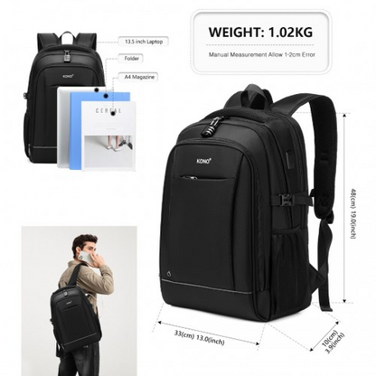 EM2130 - Kono Functional Travel Backpack With USB Charging Port - Black | Durable, Waterproof, and Versatile