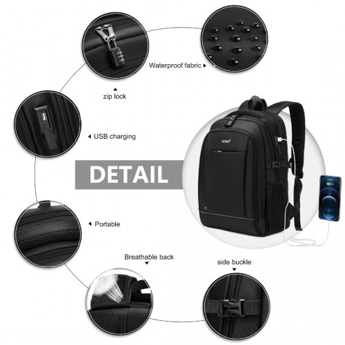 EM2130 - Kono Functional Travel Backpack With USB Charging Port - Black | Durable, Waterproof, and Versatile