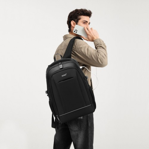 EM2130 - Kono Functional Travel Backpack With USB Charging Port - Black | Durable, Waterproof, and Versatile