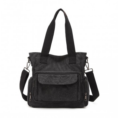 Kono Large Capacity Multi Compartment Canvas Crossbody Tote Bag - Black