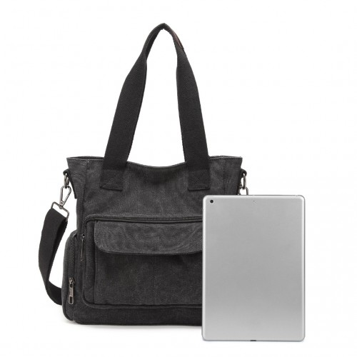 Kono Large Capacity Multi Compartment Canvas Crossbody Tote Bag - Black